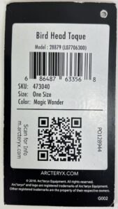 2004 Arc'teryx Bird Head Toque hangtag back