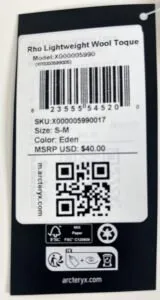 Real Arcteryx Rho Lightweight toque Hang Tag 2