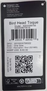 Arc'teryx Bird Head Toque Hang tag